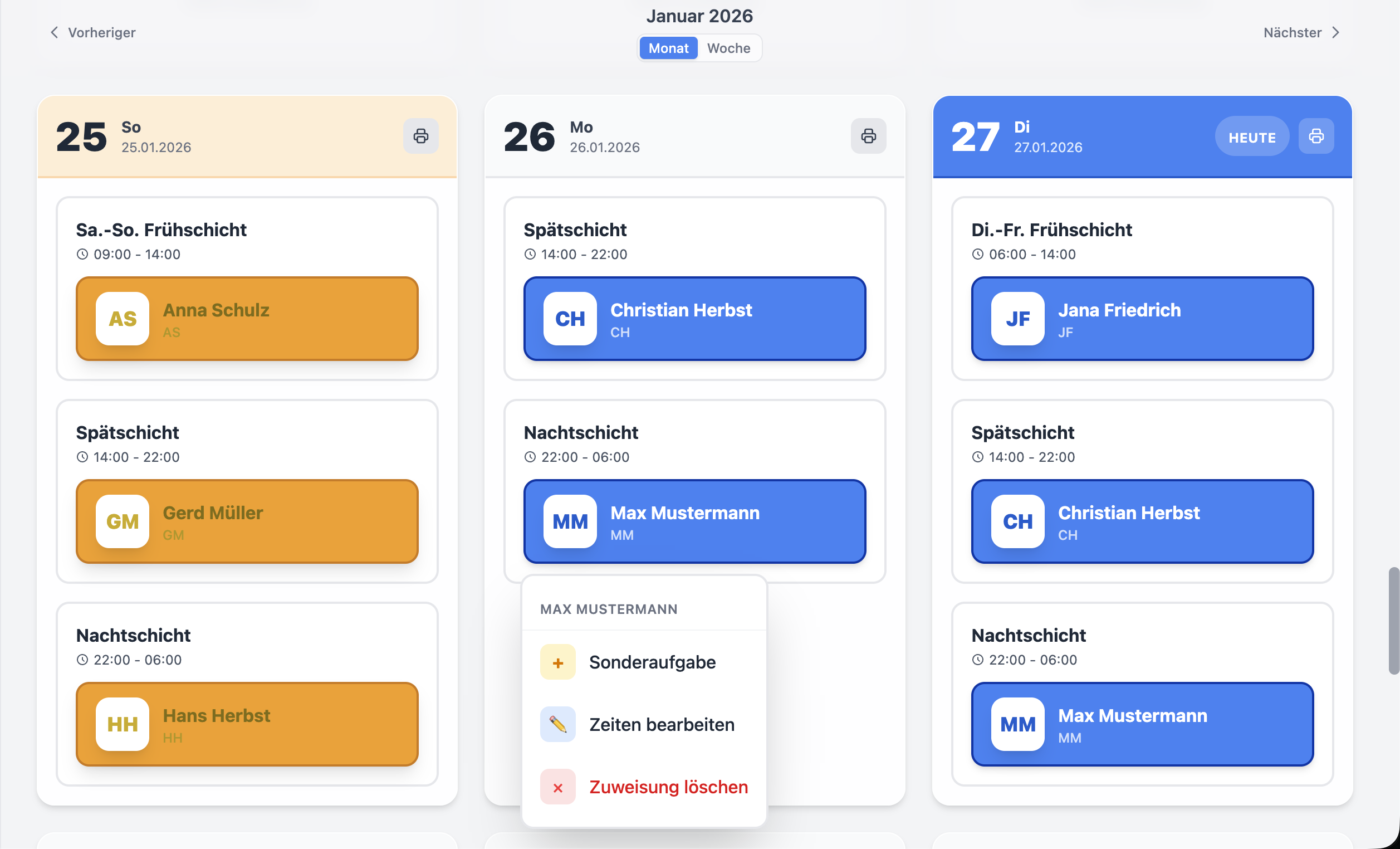 Schichtplaner Kalenderansicht - Übersichtlicher Dienstplan mit Schichtzuweisungen